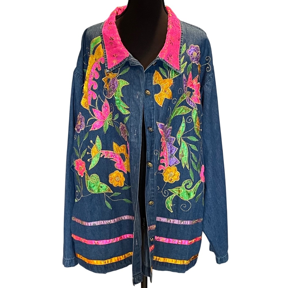 Carolina Blues Womens 24W Denim Jacket Floral Embroidered Art to Wear Y2K Boho